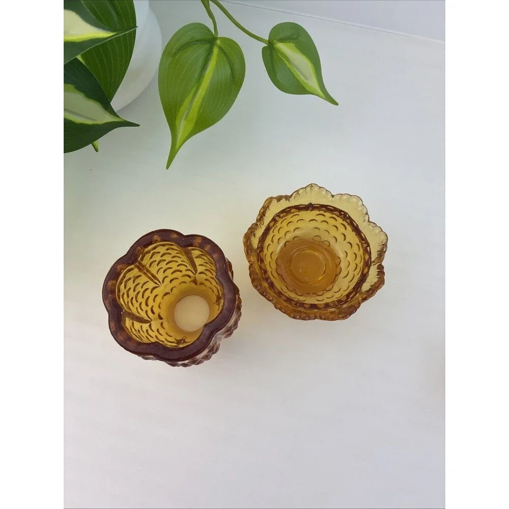 Fairy Lamp w Matching Base Vintage Fenton Amber Hobnail Candle Holder EUC Signed